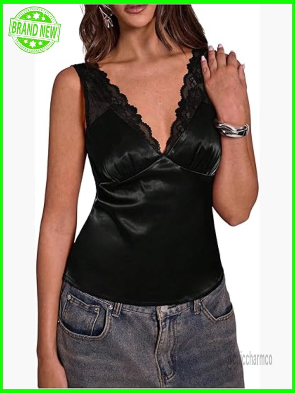 V Neck Satin Lace Tank Top Sleeveless Low Back Party Silky Going Out Top
